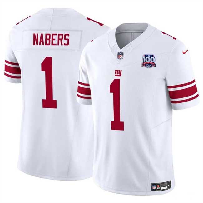 Men & Women & Youth New York Giants #1 Malik Nabers White 2024 Draft F.U.S.E. 100TH Season Patch Vapor Untouchable Limited Stitched Jersey